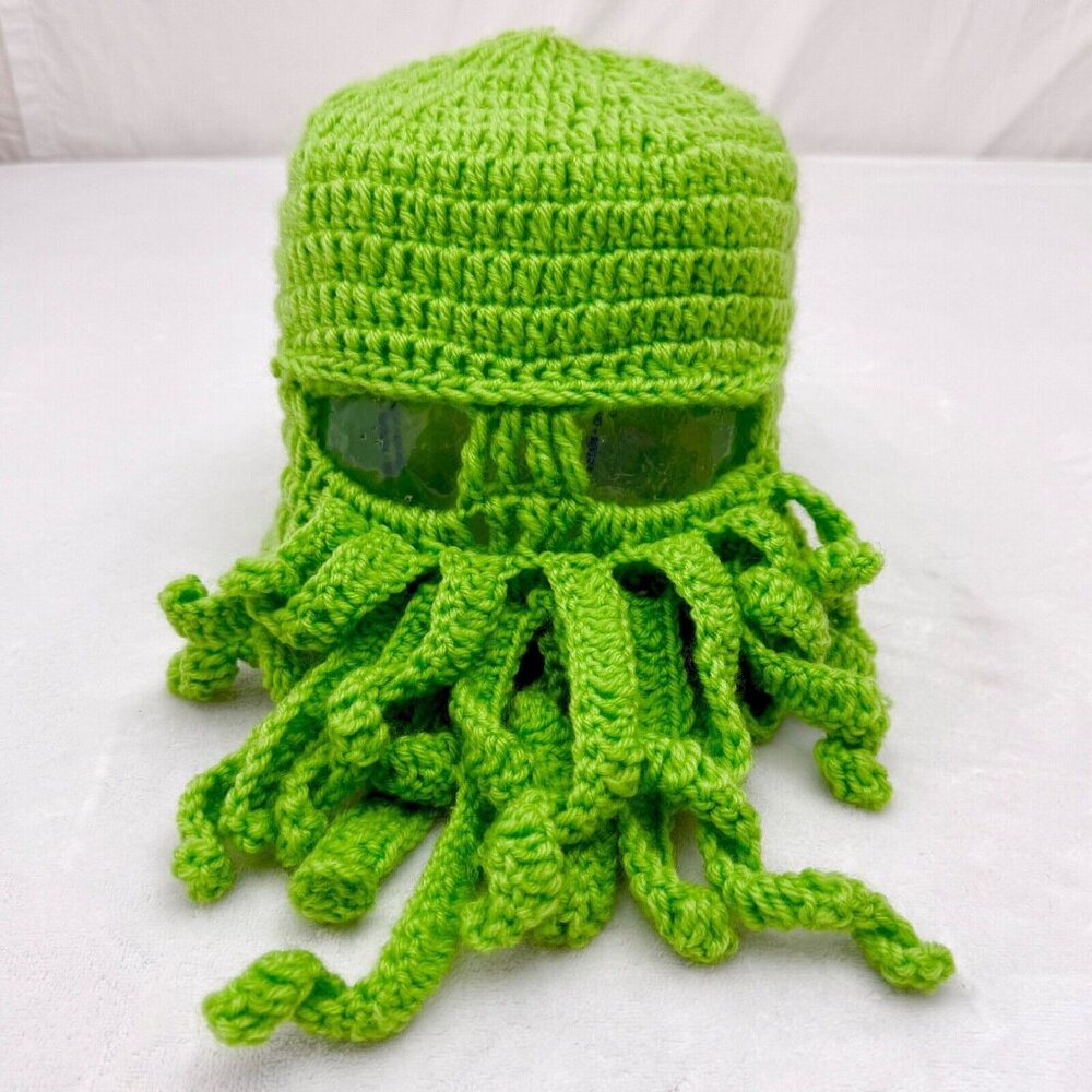 Handmade Knit Cthulhu Mask/Hat Green w/Tentacles & Eye Holes